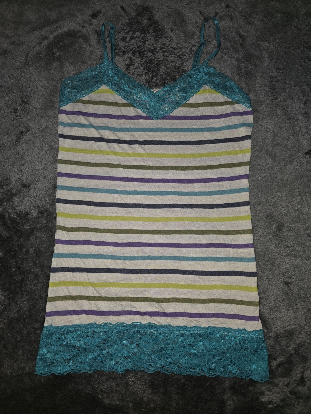 One Step Up Gray Teal Lace Trim Striped Camisole